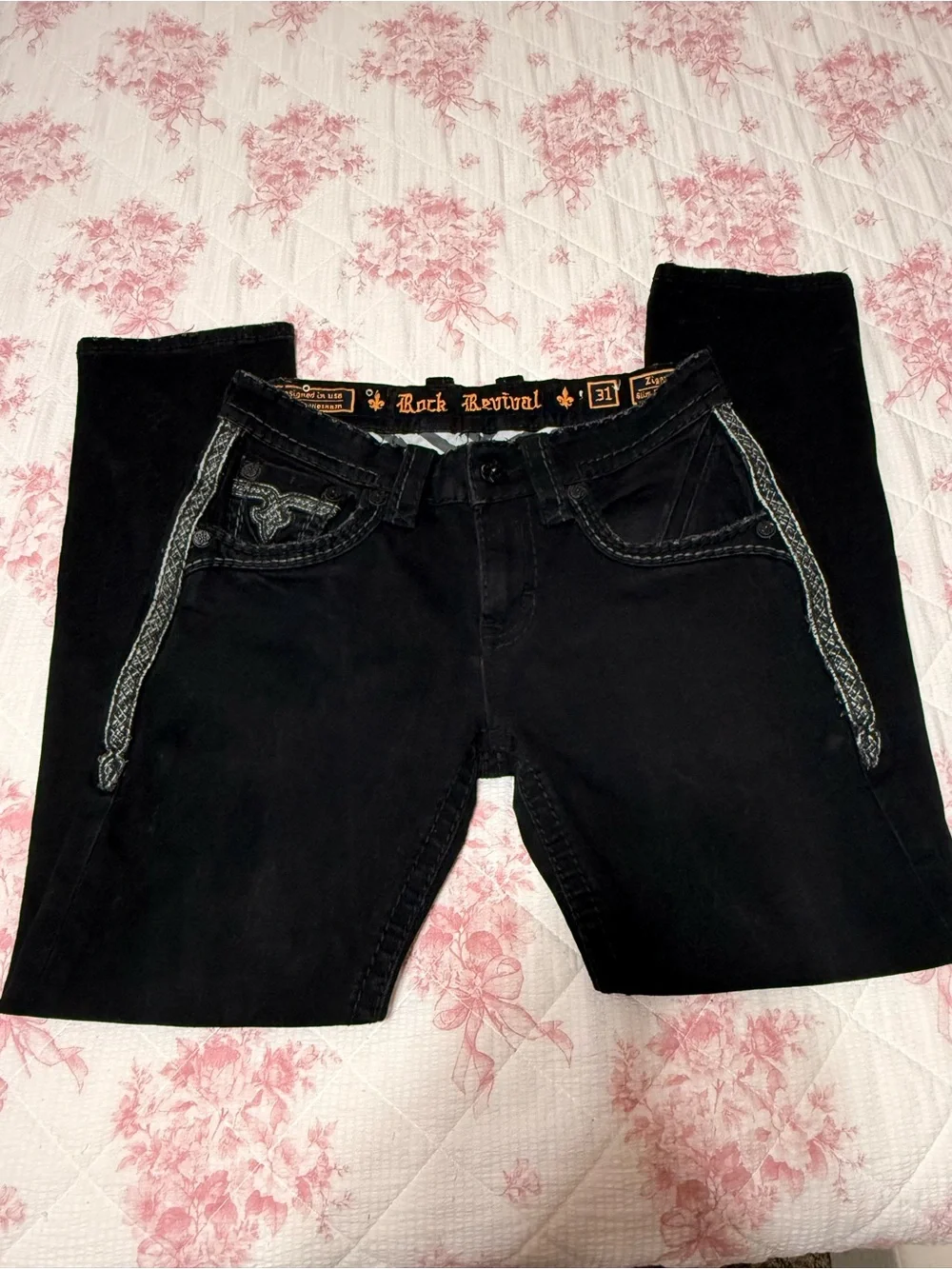 Rock Revival Black Jeans - Stylish Embroidered Trim